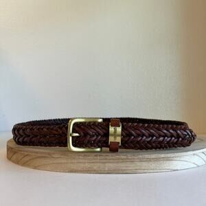 Nautica Brown Genuine Leather Woven Weaved Solid Golden Brass Buckle Belt Size L